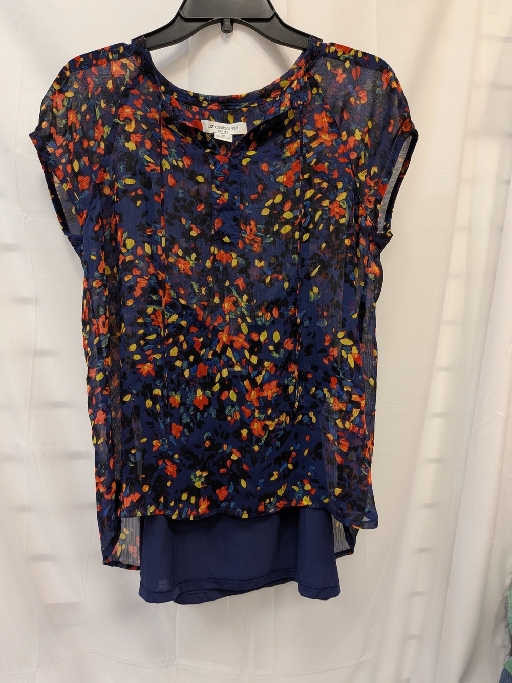 Liz Claiborne Navy Sheer Floral Layered Top with Red and Yellow Accents 2 Piece